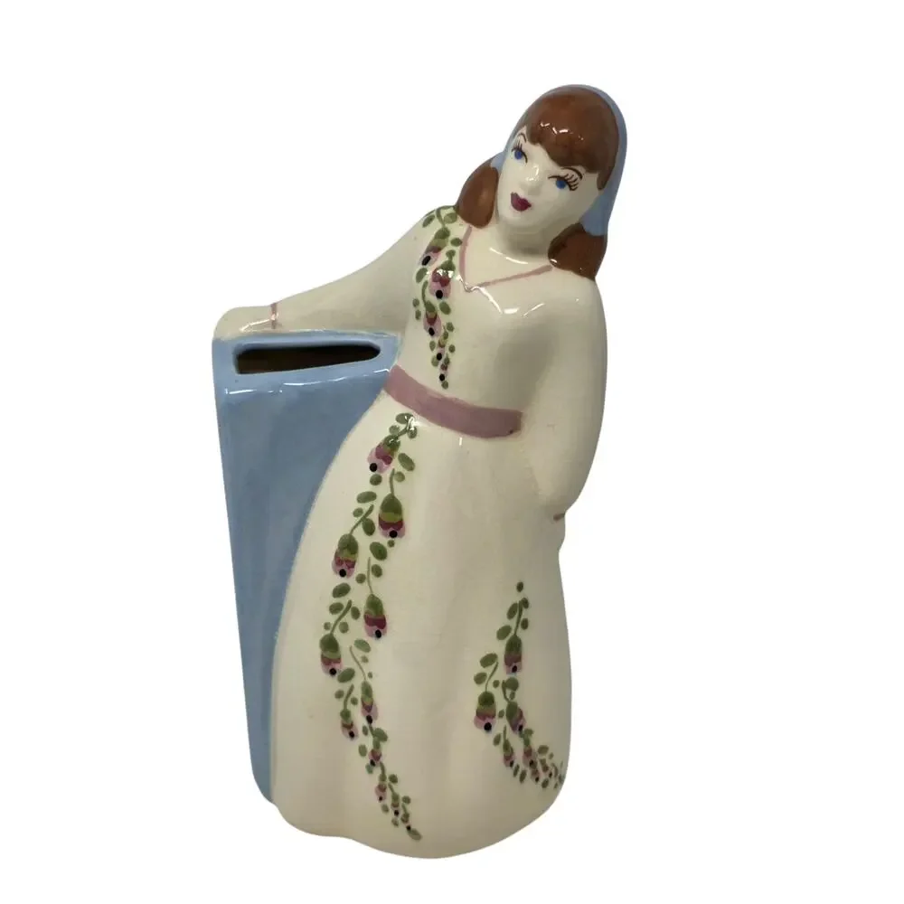 Vintage Art Deco Style Lady Figural Vase Planter Hand Painted Ceramic 9.75